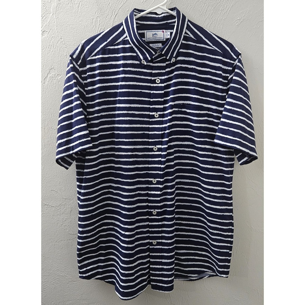 Southern Tide Shirt Men's Size Medium Navy‎ Blue Striped Button Up Short Sleeve